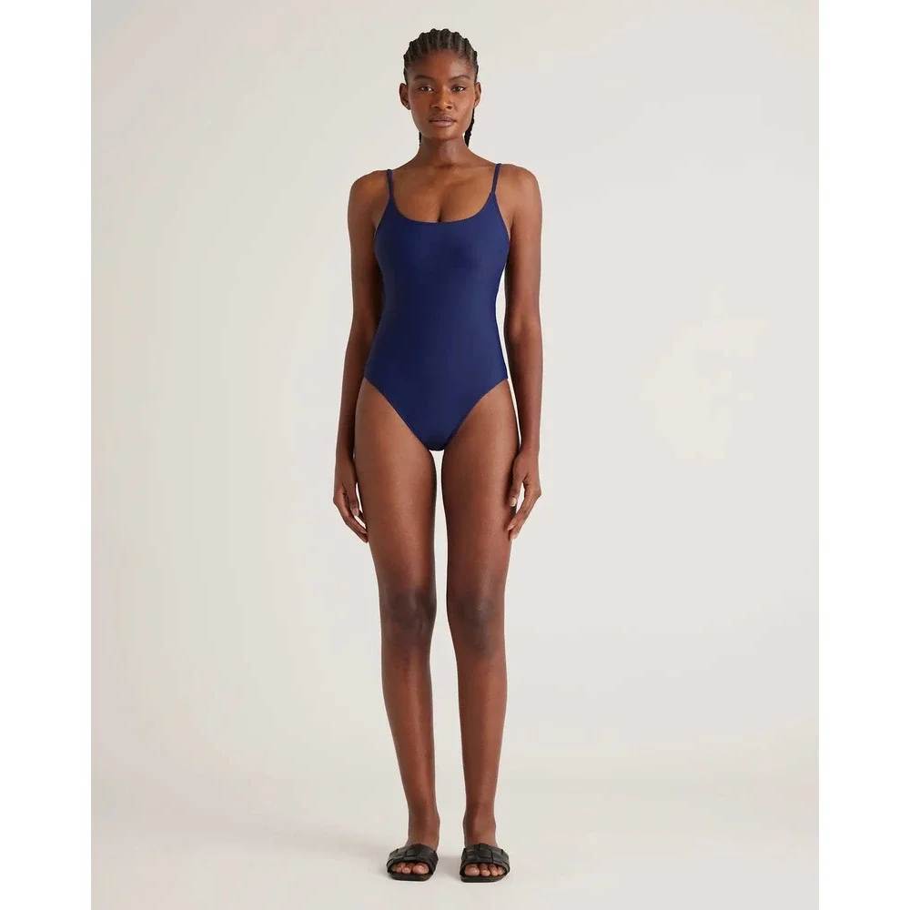 Quince Italian Cami One-Piece Swimsuit Navy Blue Recycled Size M NEW Vacation